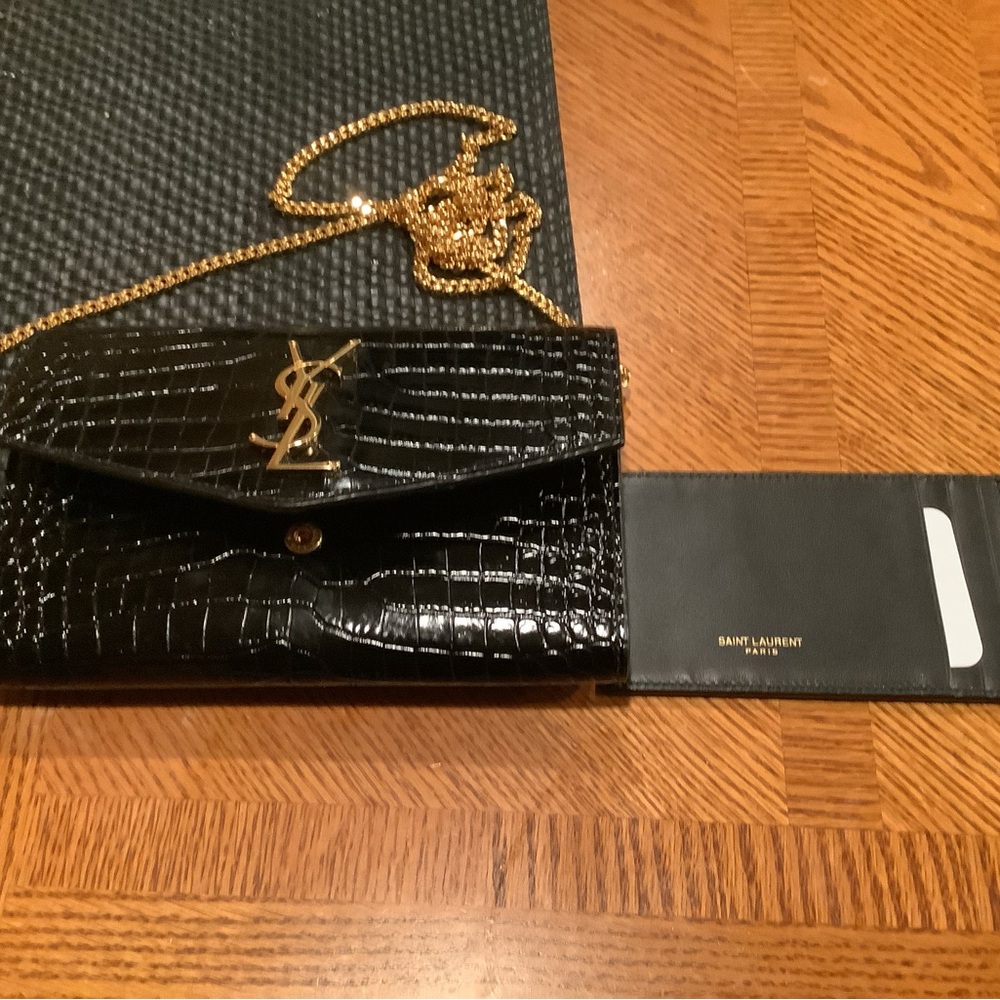 Saint Laurent Black Croc-Embossed Clutch with Gold Chain